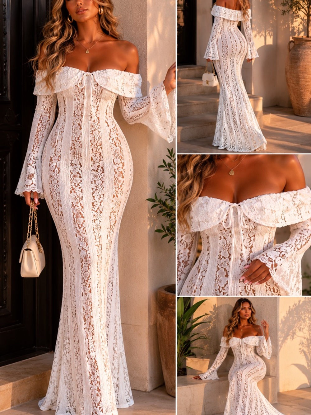 Off-Shoulder White Lace Maxi Dress - Elegant Women’s Evening Gown